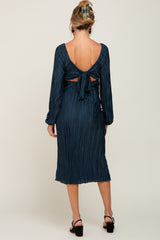 Teal Pleated Front Cutout Back Tie Maternity Midi Dress