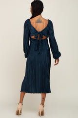 Teal Pleated Front Cutout Back Tie Midi Dress