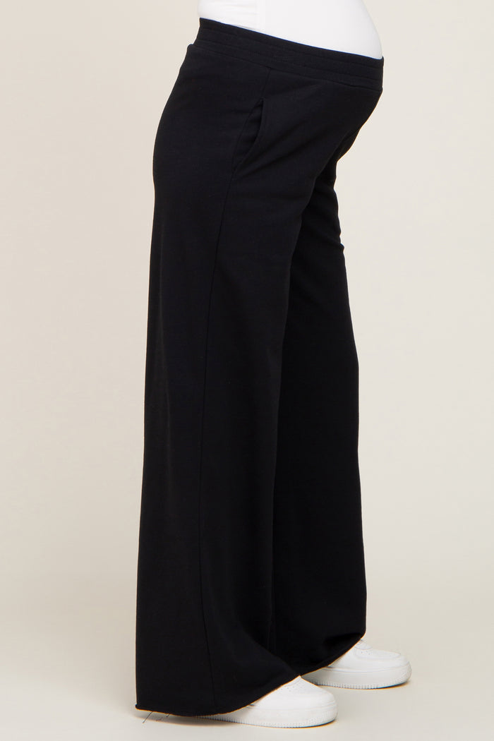 Black Wide Leg Fray Hem Maternity Sweatpants