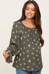 Olive Floral Off Shoulder Long Sleeve Maternity Blouse