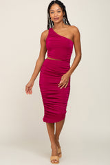 Magenta Ruched Cutout One Shoulder Maternity Dress