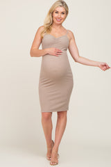 Beige Brushed Sleeveless Sweetheart Neck Maternity Dress