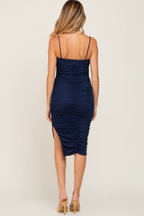 Navy Glitter Ruched Side Slit Maternity Fitted Dress