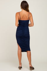 Navy Glitter Ruched Side Slit Fitted Dress