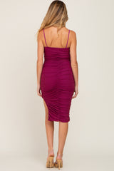 Magenta Glitter Ruched Side Slit Maternity Fitted Dress