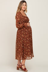 Brown Floral Chiffon Smocked Waist Maternity Midi Dress