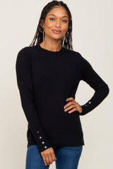 Black Knit Long Button Sleeve Top