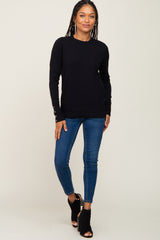 Black Knit Long Button Sleeve Top