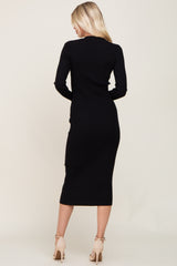 Black Ribbed Button Front Long Sleeve Dress