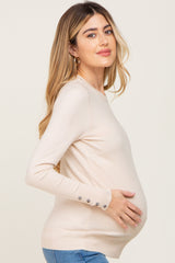 Beige Knit Long Button Sleeve Maternity Top