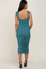 Teal Floral Ruched Shoulder Tie Maternity Dress