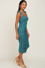 Teal Floral Ruched Shoulder Tie Dress