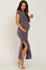 Charcoal Short Sleeve Side Slit Maternity Maxi Dress