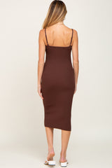 Brown Ribbed Sleeveless Fitted Maternity Dress