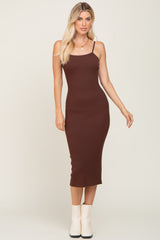 Brown Ribbed Sleeveless Fitted Maternity Dress