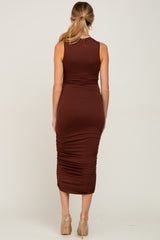 Brown Basic Ruched Maternity Midi Dress