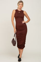 Brown Basic Ruched Maternity Midi Dress