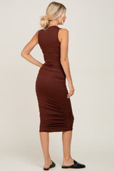 Brown Basic Ruched Midi Dress