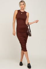 Brown Basic Ruched Midi Dress