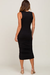 Black Basic Ruched Midi Dress