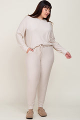 Beige Soft Knit Long Sleeve Maternity Plus Set