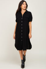 Black Fringe Button Down Midi Dress