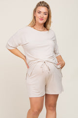 Beige Pocket Front Maternity Plus Pajama Short Set