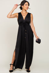 Black Satin Side Slit Maternity Jumpsuit