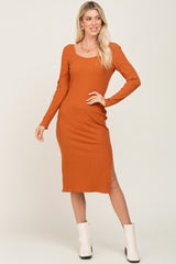 Camel Ribbed Long Puff Sleeve Midi Dress