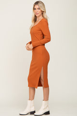 Camel Ribbed Long Puff Sleeve Midi Dress