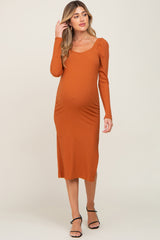 Camel Ribbed Long Puff Sleeve Maternity Midi Dress