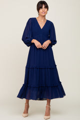 Navy Blue Smocked Tiered Maternity Dress