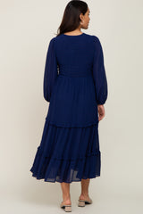 Navy Blue Smocked Tiered Maternity Dress