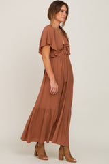 Brown Flutter Sleeve Cinched Maxi Dress