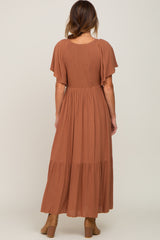 Brown Flutter Sleeve Cinched Maxi Dress