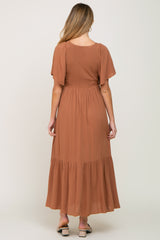 Brown Flutter Sleeve Cinched Maternity Maxi Dress