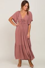 Mauve Flutter Sleeve Cinched Maternity Maxi Dress