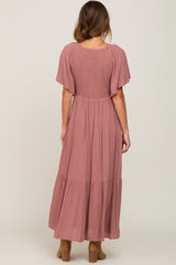 Mauve Flutter Sleeve Cinched Maxi Dress