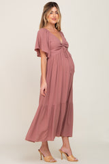 Mauve Flutter Sleeve Cinched Maternity Maxi Dress