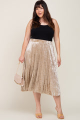 Beige Velvet Pleated Plus Midi Skirt