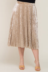 Beige Velvet Pleated Plus Midi Skirt