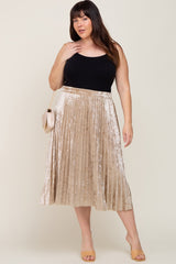 Beige Velvet Pleated Plus Midi Skirt