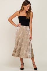 Beige Velvet Pleated Maternity Midi Skirt