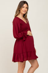 Burgundy Smocked Long Sleeve Ruffle Hem Maternity Dress