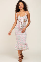 Ivory Pink Rose Floral Knot Front Smocked Midi Dress