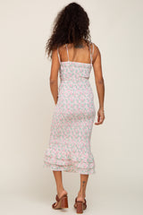 Ivory Pink Rose Floral Knot Front Smocked Midi Dress