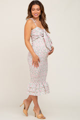 Ivory Pink Rose Floral Knot Front Smocked Maternity Midi Dress