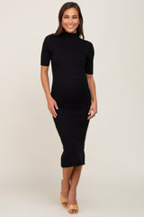 Black Ribbed Mock Neck Maternity Midi Dress