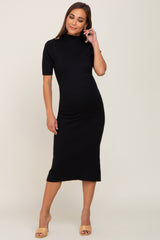 Black Ribbed Mock Neck Maternity Midi Dress