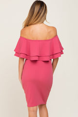 Magenta Off Shoulder Fitted Maternity Dress